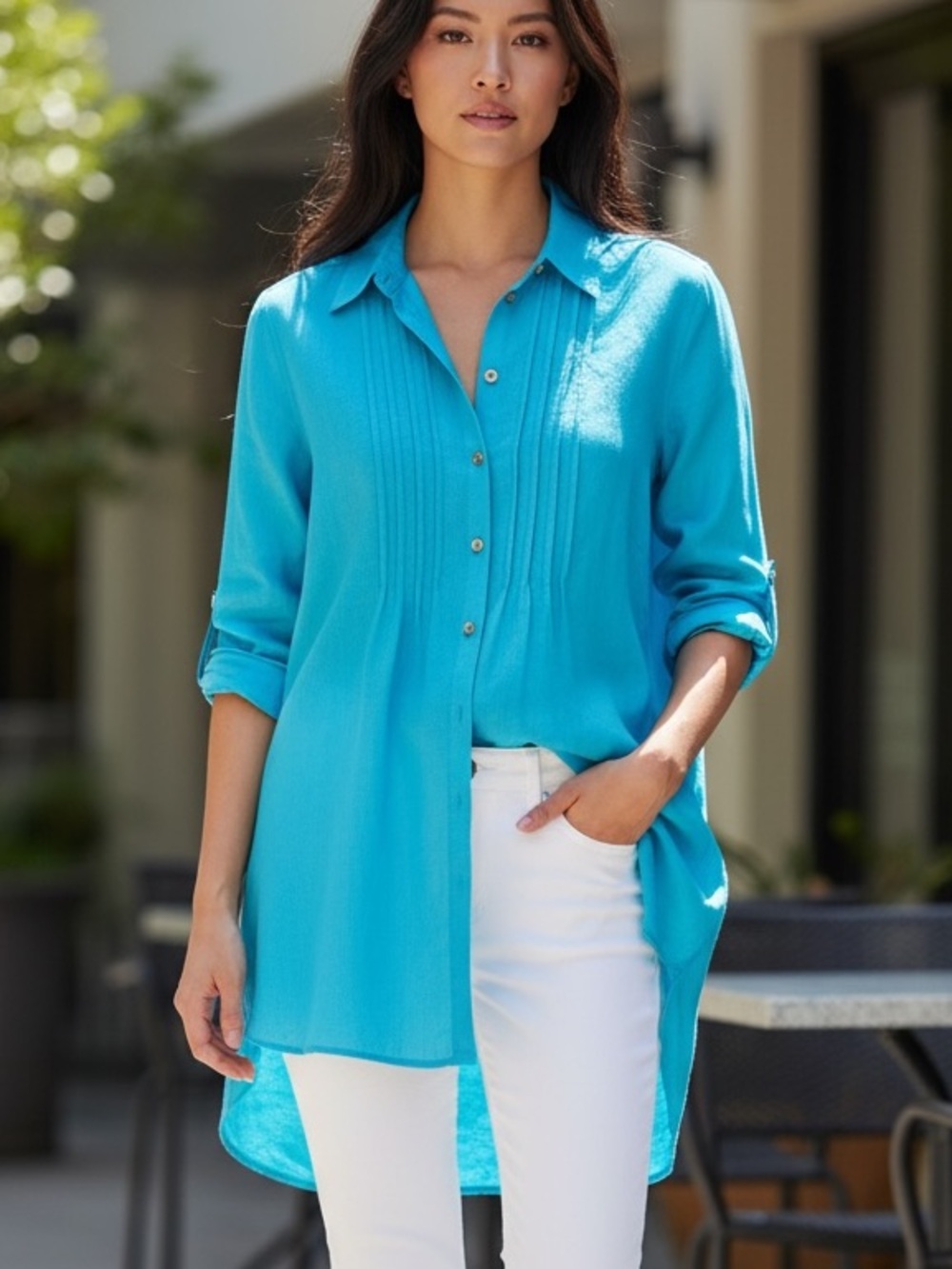 Tyler Boe Linen Turquoise Blue Button Down Roll Tab Sleeve Shirt. Size 14